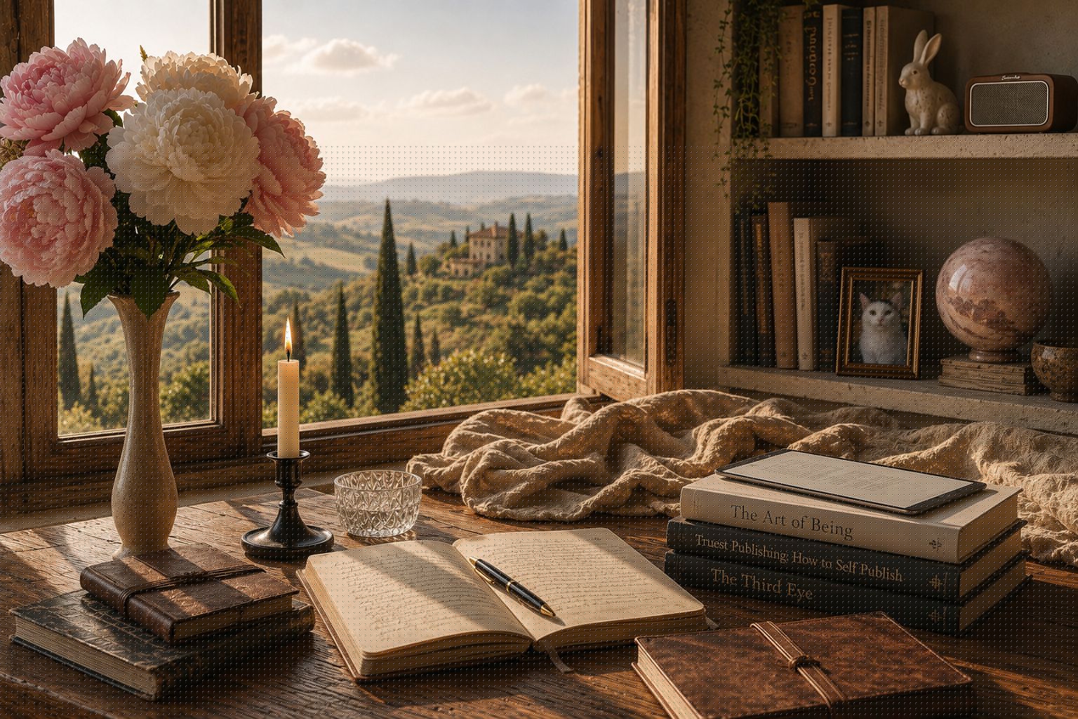A sunlit writing desk by an open window with peonies, a lit candle, an open handwritten journal, and a small stack of books, one titled Truest Publishing, How to Self Publish